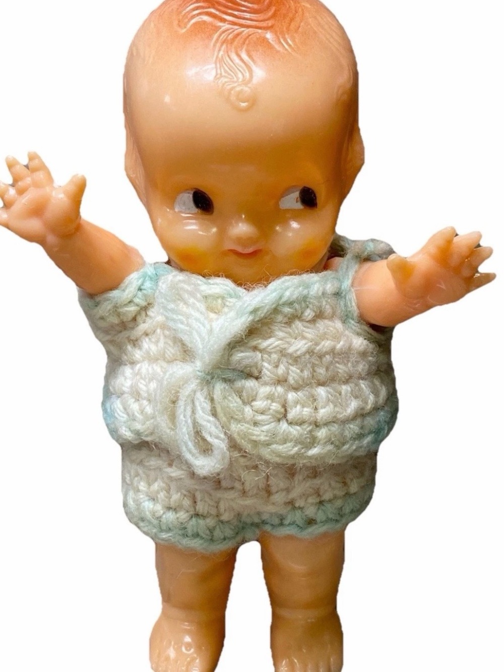 Vtg Irwin Kewpie 6" Hard Plastic Shaker Doll w/ Crochet Outfit